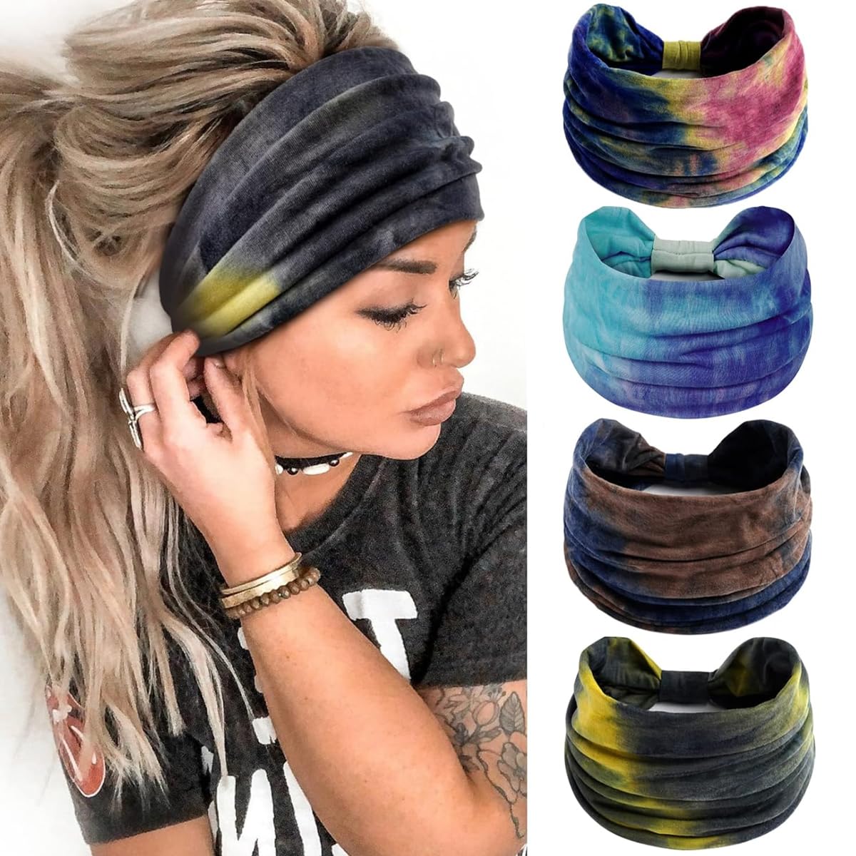 MAYCREATE 4 Pack Women Wide Headband Knotted Tie-dye Print Headbands Stretchy Wide Hair Bands Yoga Sweatband Sports Headband Polyester Head Wraps Stylish Head Bands for Women MAYCREATE 4 Pack Women Wide Headband Knotted Tie-dye Print Headbands Stretchy Wide Hair Bands Yoga Sweatband Sports Headband Polyester Head Wraps Stylish Head Bands for Women